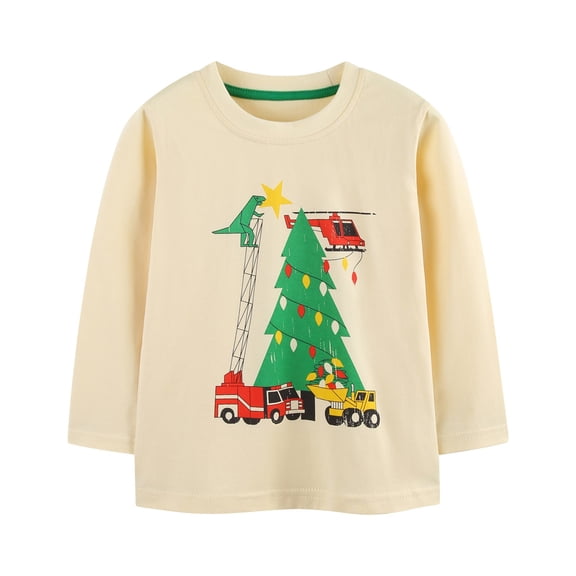 Oiyii Toddler Boy's Construction Dinosaur Christmas Tree Graphic T-Shirt Crew Neck Holiday Pullover Shirt Top,Multicolour