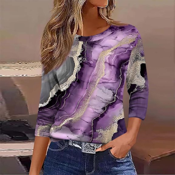 Jsaierl Women's 3/4 Sleeve Tops Casual Round Neck Shirts Trendy Graphic Ladies Blouses Flowy Cotton Tunic Top S-5XL