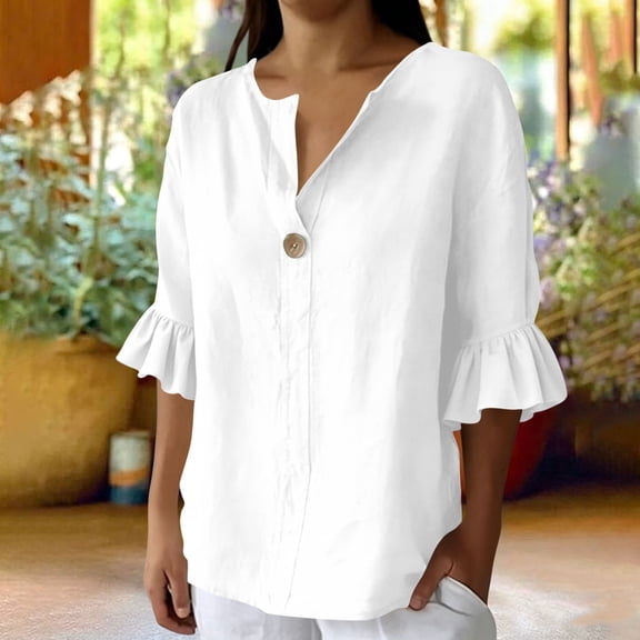 Yteetum Summer Tops for Women Ruffle 3/4 Length Sleeve Button Shirts Casual Solid Loose Fits Lightweight Comfy 3/4 Sleeve T Shirts