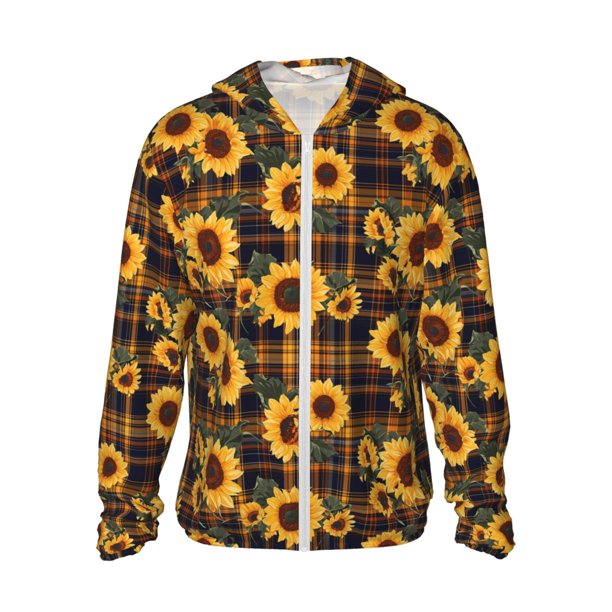 Fotbe Brown Blue Plaid Sunflower Chaqueta con Protección Solar UPF 50+ para Hombre y Mujer, Camisa con Capucha y Bolsillos-Medium