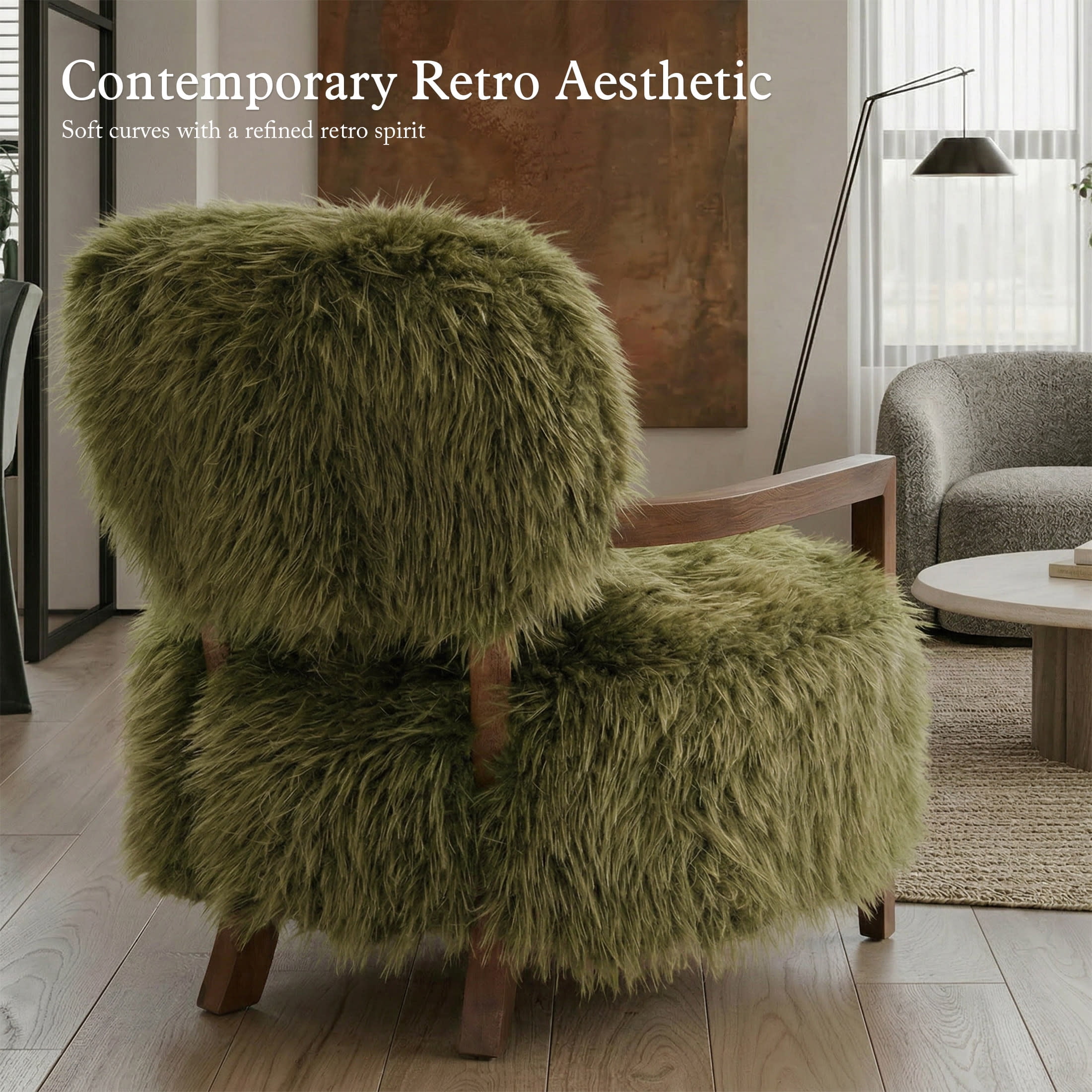 Aenkyo Yeti Contemporary Faux Fur Accent Chair with Walnut Wood Arms, Green