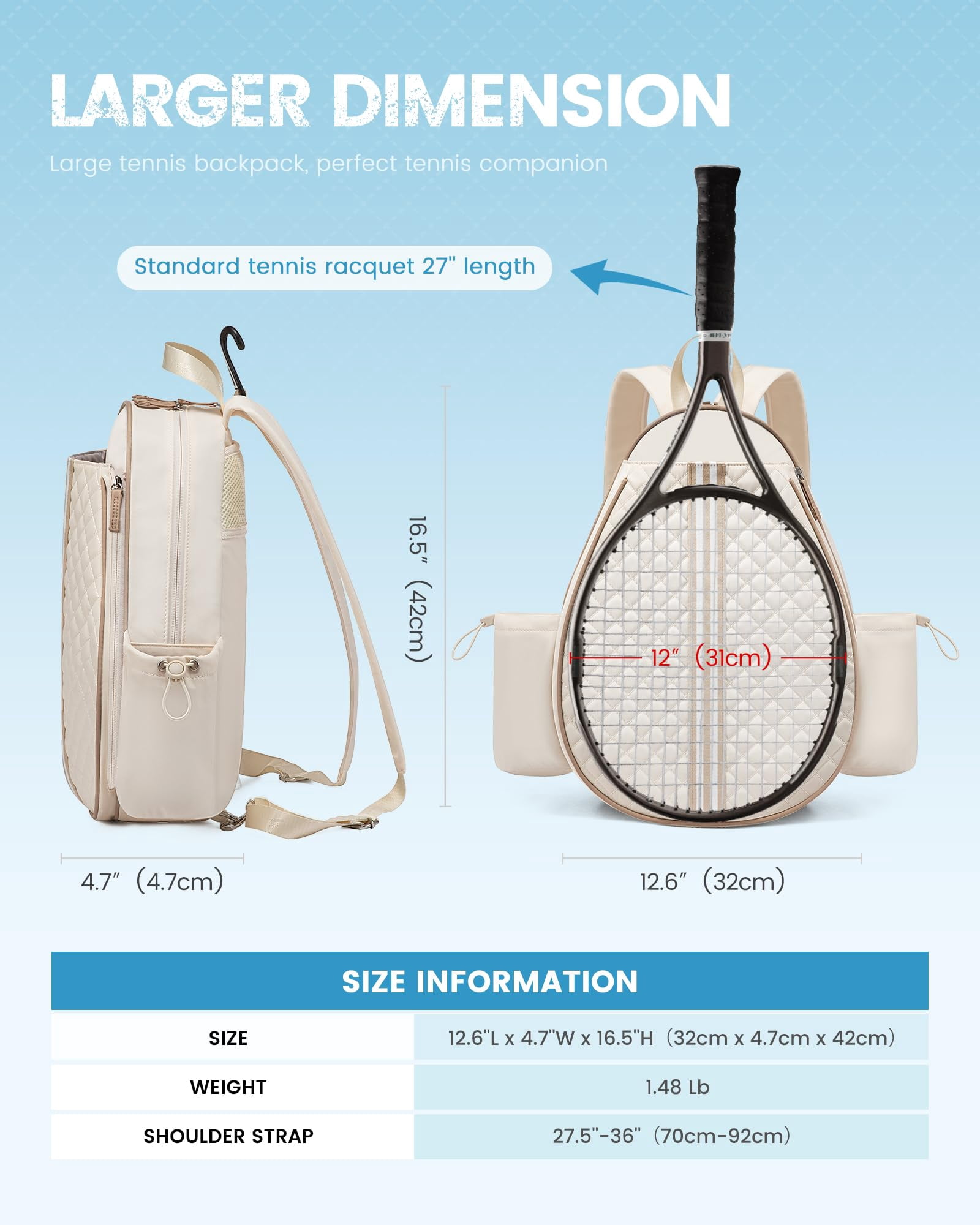 Tennis Bag  Quilted Sling Crossbody Backpack Water Resistant Racket Bags For Women Men Suitable Pickleball Badminton