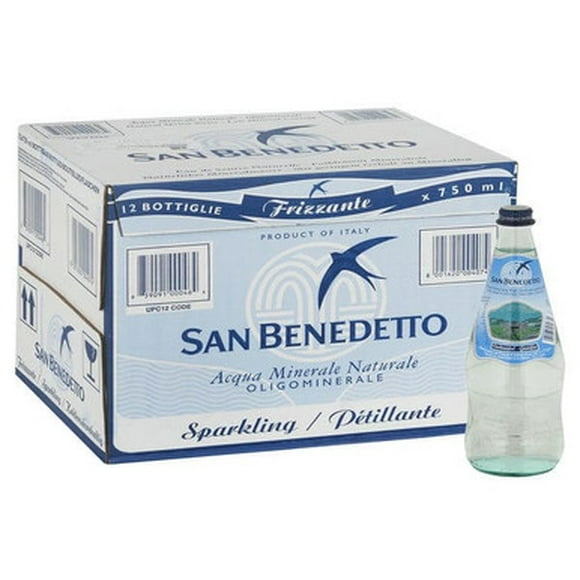 San Benedetto Carbonated Sparkling Mineral Water, 750ml/25.3oz Glass Bottles (12 Pack)