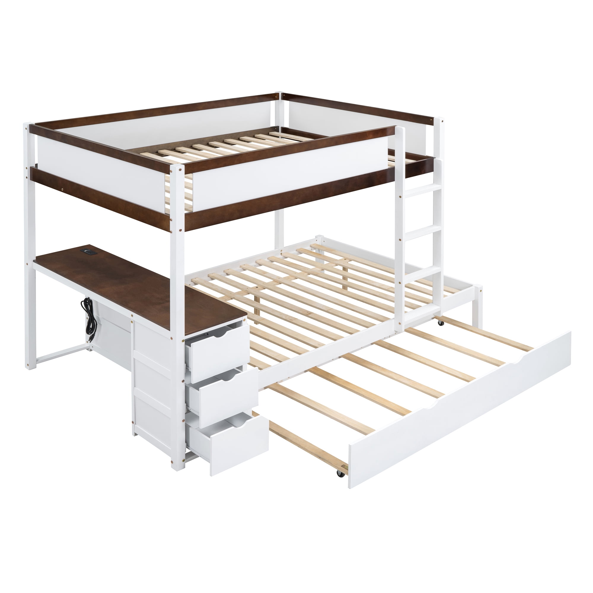 Aukfa Full Over Full Bunk Bed with Trundle and USB Charging Station, Wood Bed Frame with Build-in Desk&Storage Drawers for Kids Bedroom, White/Walnut