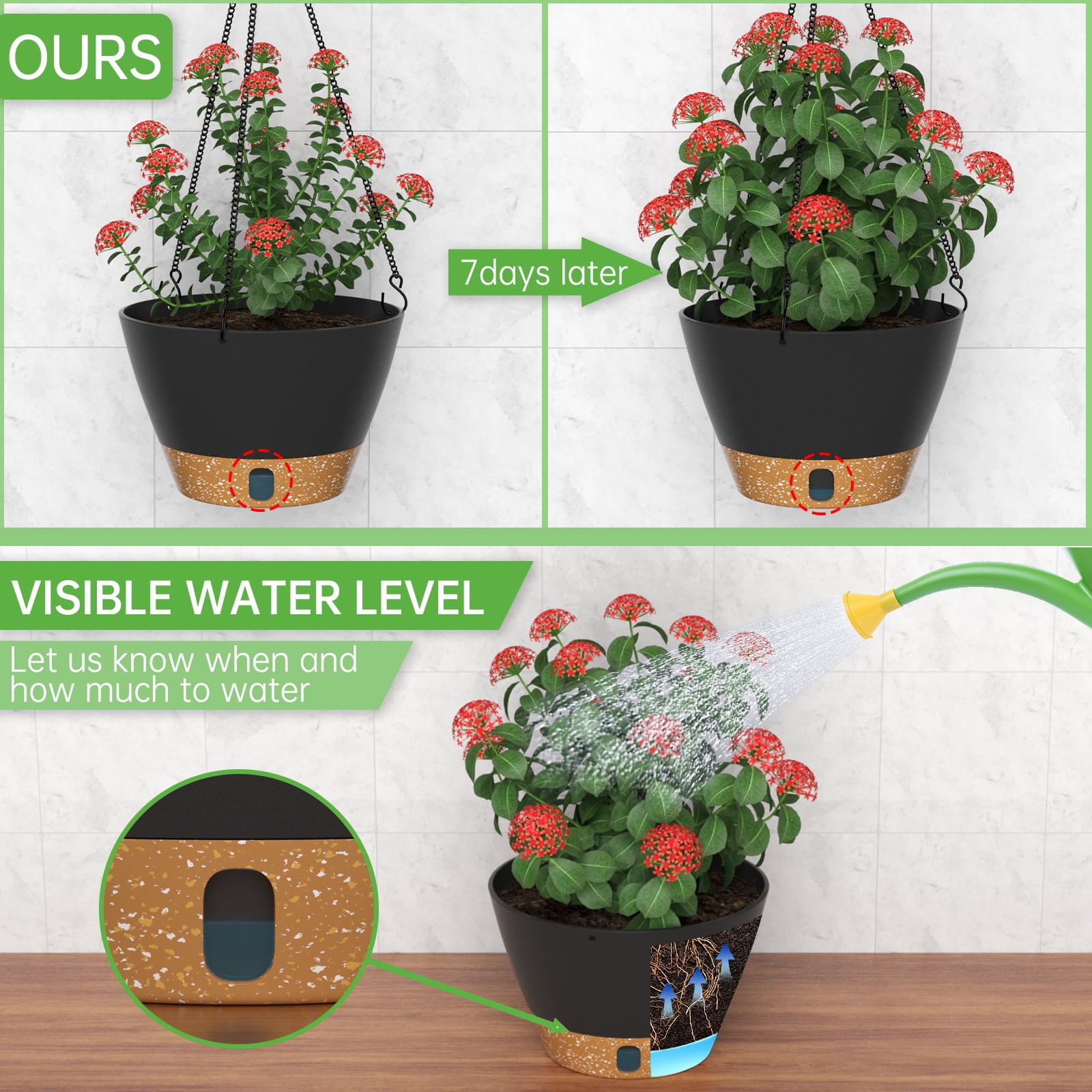FIASON 2 Pack 8 Inch Black Gray Self Watering Hanging Planters, Indoor Outdoor Plastic Flower Pots with Visual Reservoir, Drainage Holes & Chain Hanger for Home Garden Decor