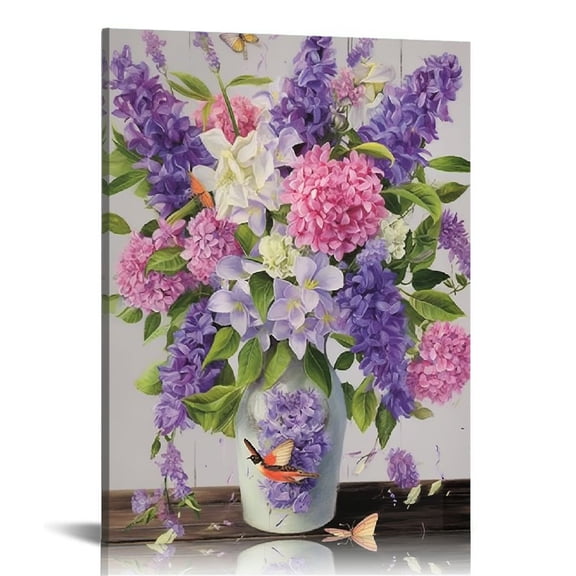 ERAPDAUR Farmhouse Lavender Bathroom Flower Decor Wall Art Just Breathe Rustic Hummingbird Floral Purple Pictures Wall Decor Canvas Painting Prints Artwork Home Decorations for Bedroom 12x16 in