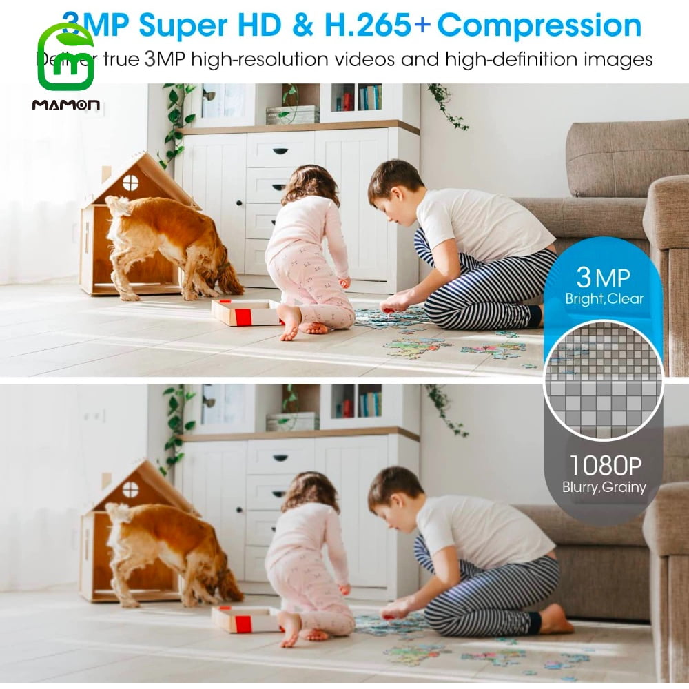 MAMON Baby Monitor Indoor Security WiFi Camera 3MP 1296P with Pan Tilt Zoom/ Motion Alerts Ideal for Baby and Pet Home Security Multiple Storage Options