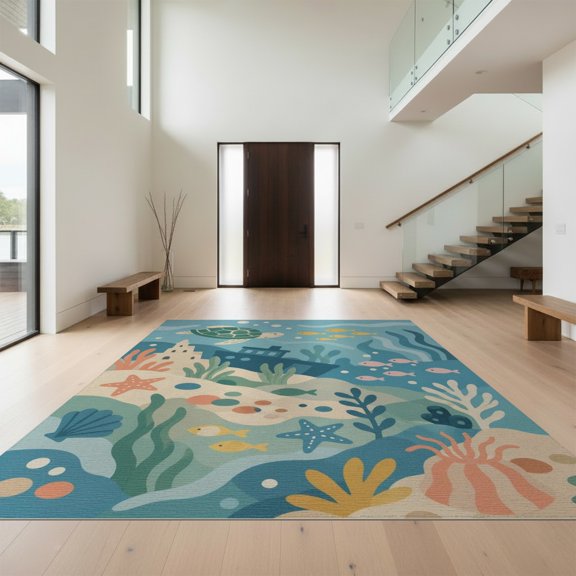 Design&I 8'x10' Washable Area Rug Blue Oceanic Hues with Marine Life Motifs Seascape, Turtle and Fish Serene for Living Room, Family Extra Large Skid-Resistant Low Profile