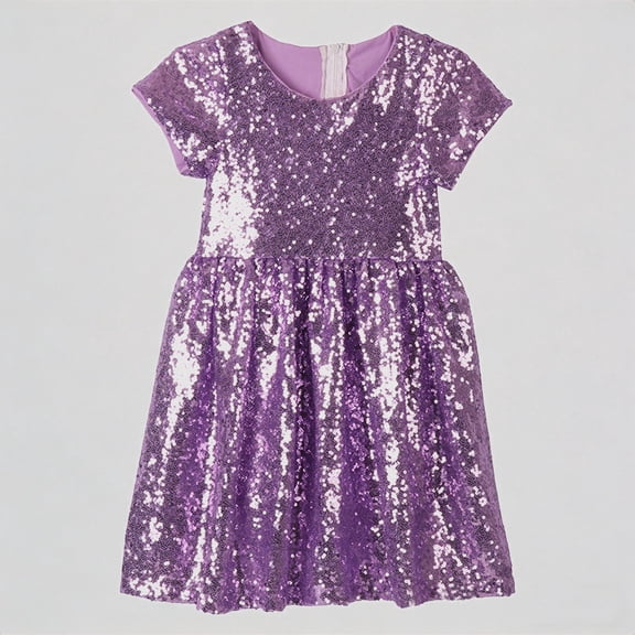 REDARER Girls' Short Sleeve Sequin Dress, Sparkly A-Line Party Dress for Wedding Bridesmaid Holiday Events,8Y