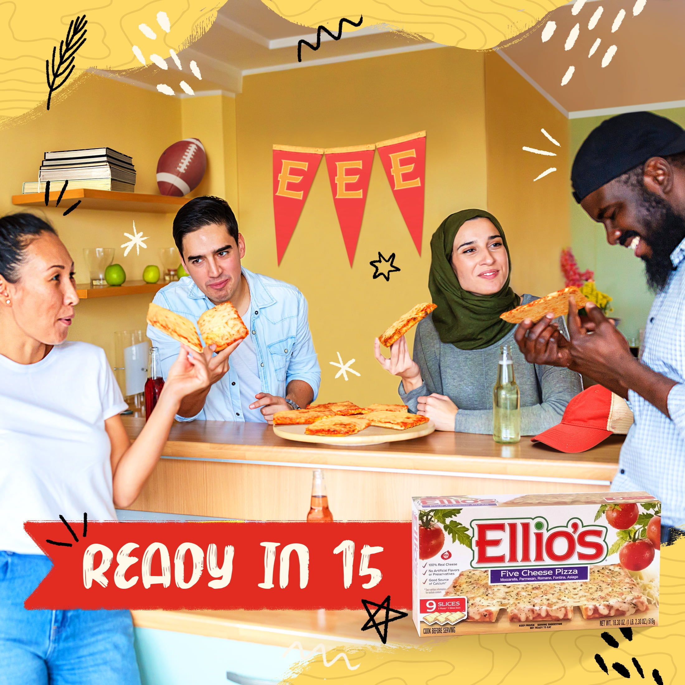 Ellio's Original Crust Five Cheese Pizza, 100% Real Cheese, Kid-Friendly, High Protein, Fast Cook Time, Ready in 6 Min in Air Fryer, Best Value Frozen Pizza, 18.3oz, 9 Count,