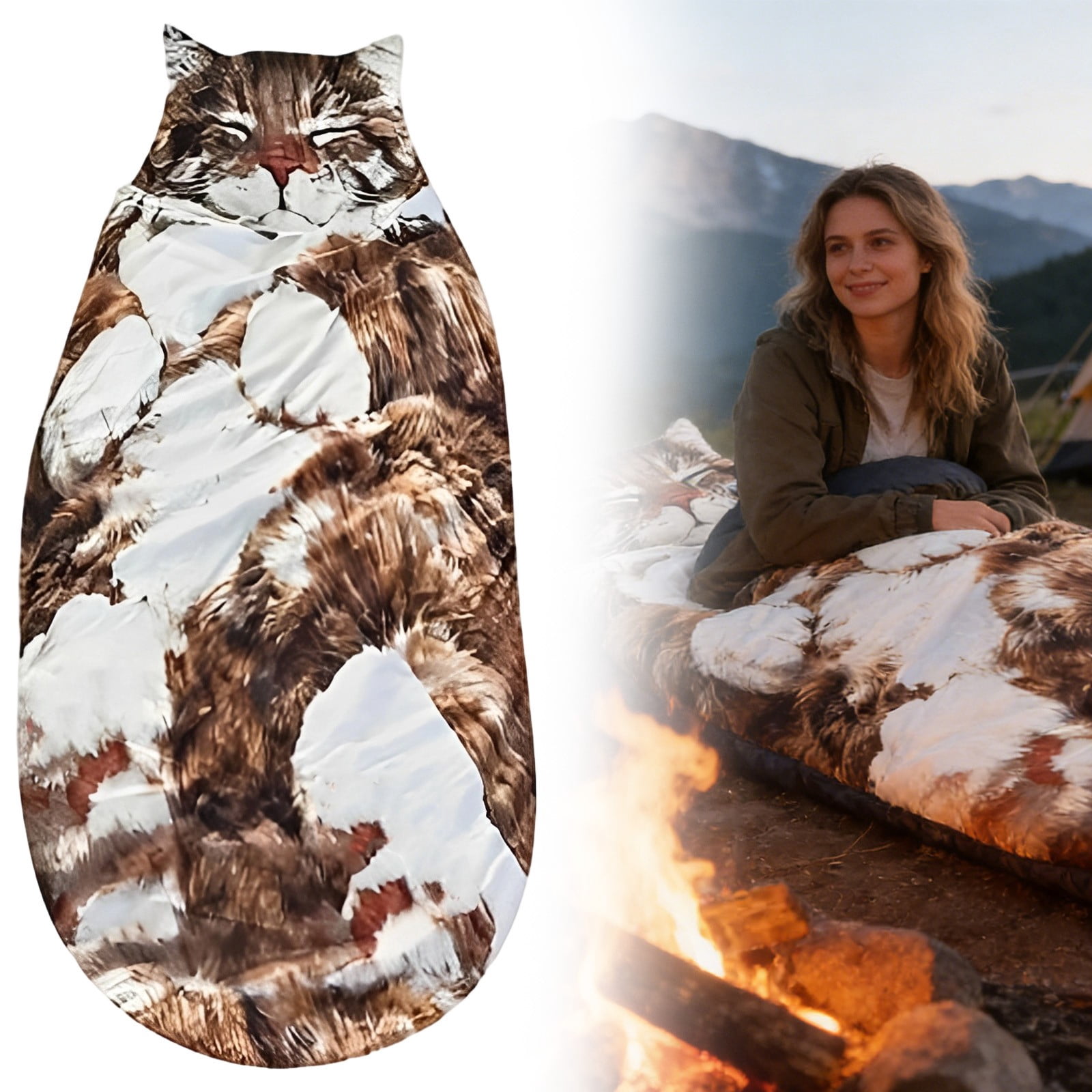 Nallwabiu Fluffy Cat Sleeping Bag for Adults, Cozy Animal Envelope Sleeping Bag for Cold Weather Camping, Sleepovers & Lounging – Soft Washable Sleep Sack