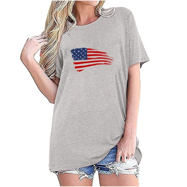 Camisetas de Manga Corta para las Mujeres Día de la Independencia Impresión Básica Camiseta de Verano, Cuello Redondo Casual Camiseta Blusa