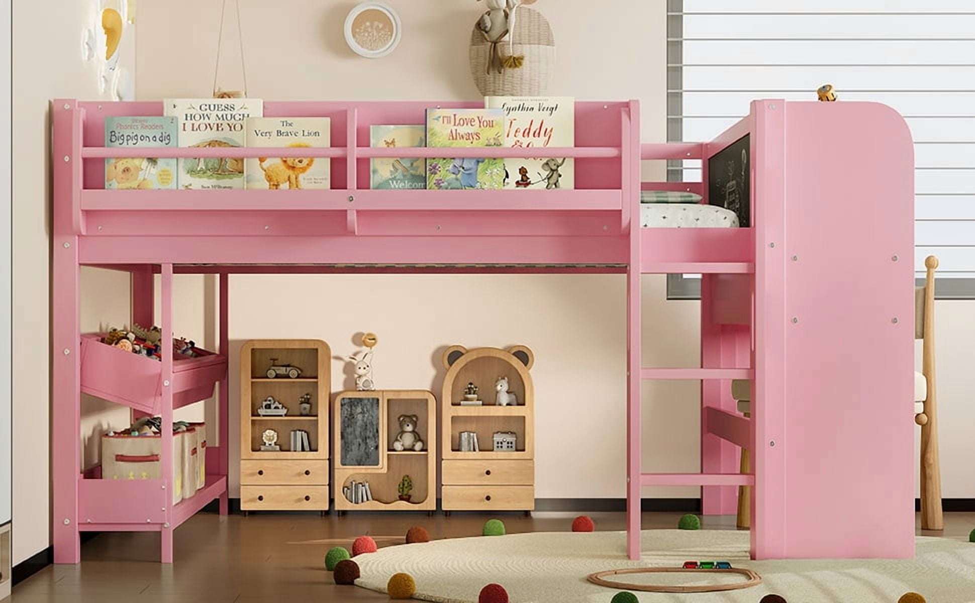 Mintazer Full Low Loft Bed with Desk & Blackboard, Kids Loft Bed with Storage Drawers, No Spring Box Needed, Pink