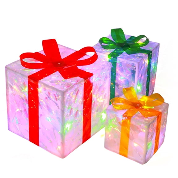 Christmas Lighted Gift Boxes Set of 3 60 LED Lighted Transparent Present Boxes, Christmas Home Gift Box Decorations