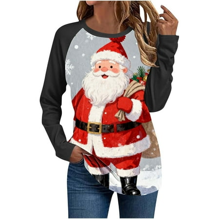 Womens Christmas Shirts Christmas Holiday Long Sleeve Blouse Black Raglan Tee with Santa Claus Print Crew Neck Comfort Fit My Items
