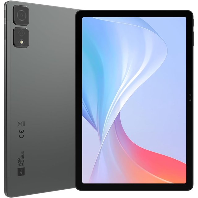 tablet agm pad t2 de 11 pulgadas, 8 gb de ram, 256 gb de rom, 7850 mah, android 14 vista 3/4 frontal y trasera con pantalla FHD+ IPS de 11 pulgadas encendida, biseles negros y carcasa gris mate; módulo de doble cámara trasera, cámara frontal en el marco superior, botones a la derecha, conector de 3,5 mm y logo AGM Mobile en la parte posterior; soporta expansión microSD y es adecuada para multimedia y navegación.