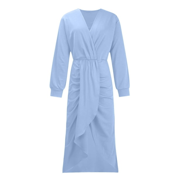 Women's Sexy V Neck Long Sleeve Dress Solid Color Ruched Split Midi Dress Casual Fall Dress for Casual Work - Walmart.ca