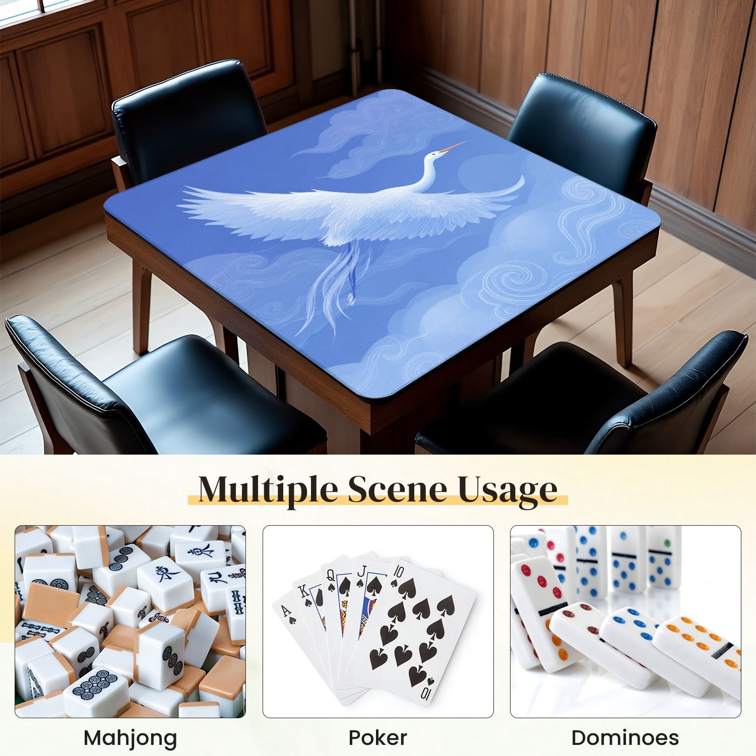 Chinoiserie Mahjong Mat 31.5" x 31.5" Graceful Crane Minimalistic Blue Sky Whimsical Cloud Patterns Non-Slip Noise Reduction Mahjong Tiles Table Cover for Dominoes Poker Card Board and Tile Games