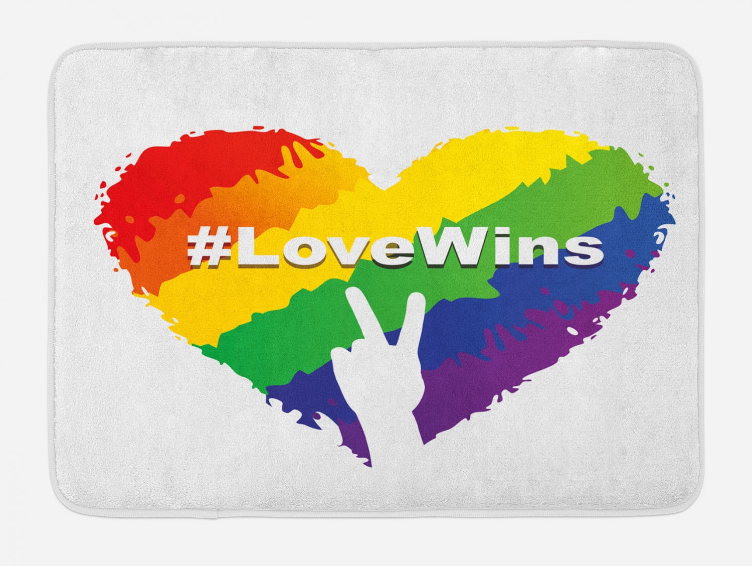 Pride Bath Mat, Artful Illustration of Colorful Heart Symbol LGBT Colors Love Wins Hashtag Peace