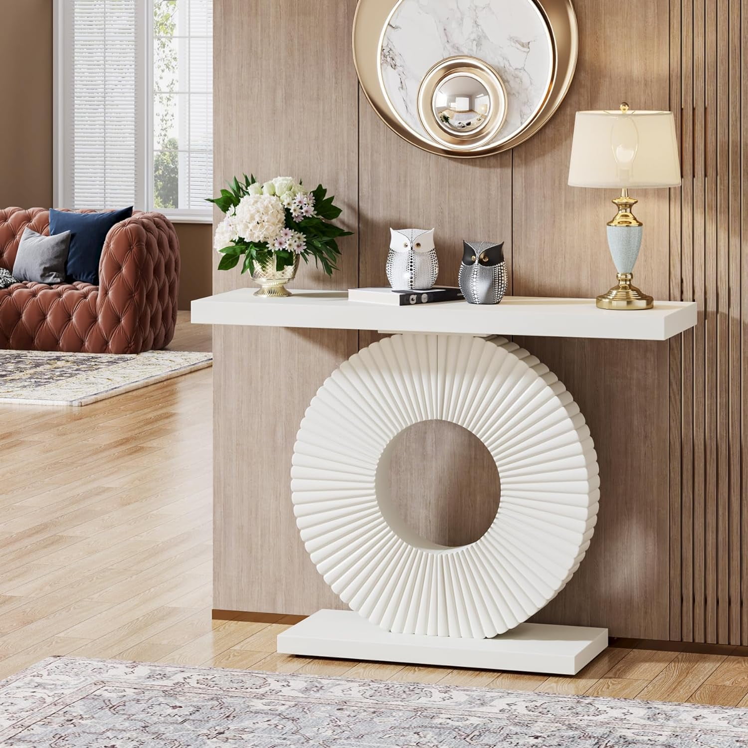 Tribesigns 40" Modern Console Table with Geometric Base, Wood Entryway Table for Living Room, White