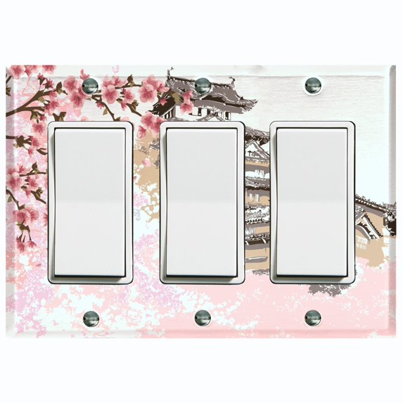 Metal Light Switch Plate Cover Japanese Pink Sakura Flower House Brown FLW127