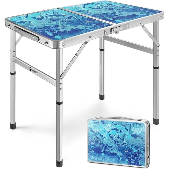 VILLEY Folding Camping Table 2FT, Portable Small Picnic Table with Adjustable Height, Lightweight Aluminum Foldable Table Small Folding Table with Carry Handle for Outdoor Indoor BBQ Hiking Beach