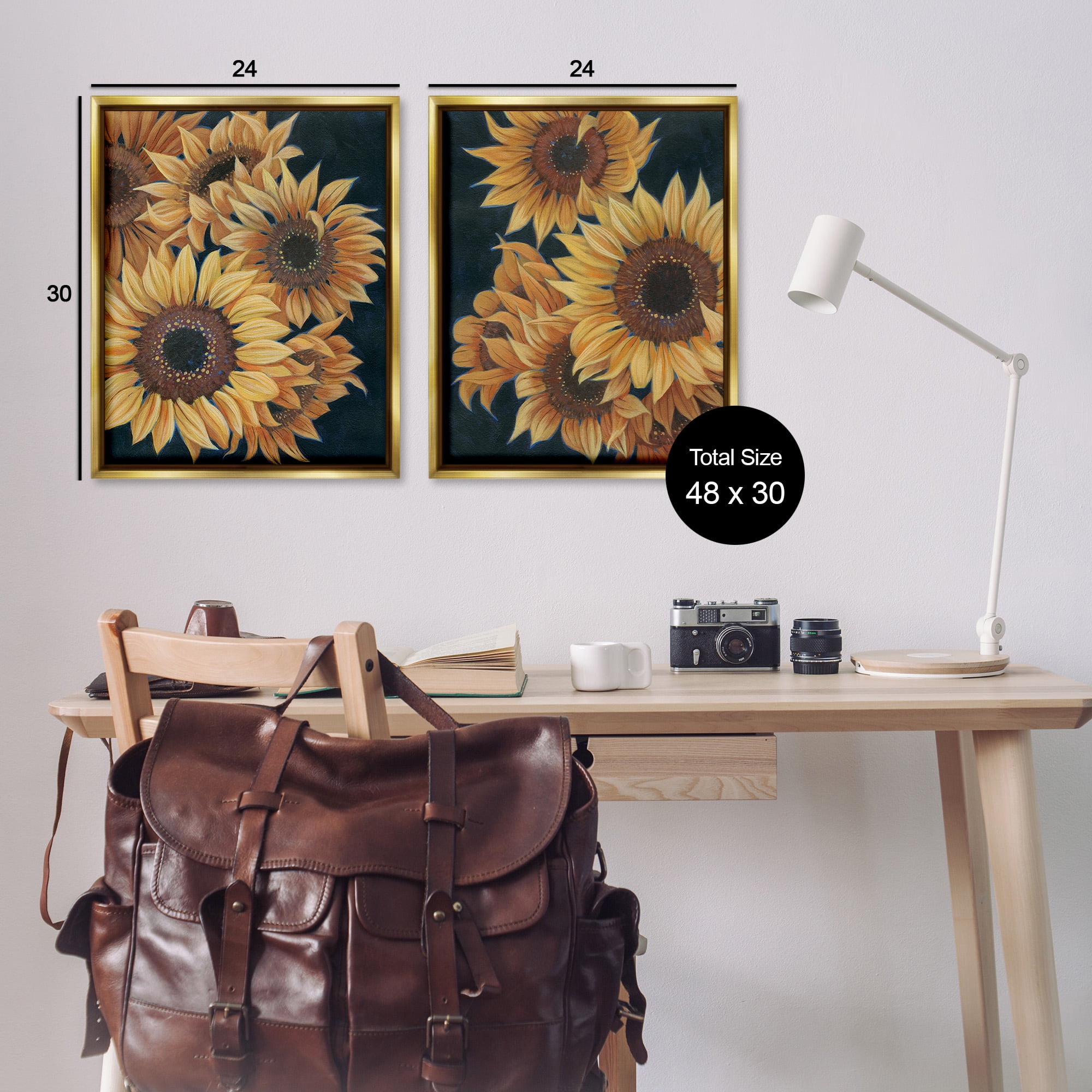 Stupell Industries Sunflowers on Black Botanical & Floral Painting Gold Floater Framed Canvas Art Print Wall Art, 25 x 31, Set of 2