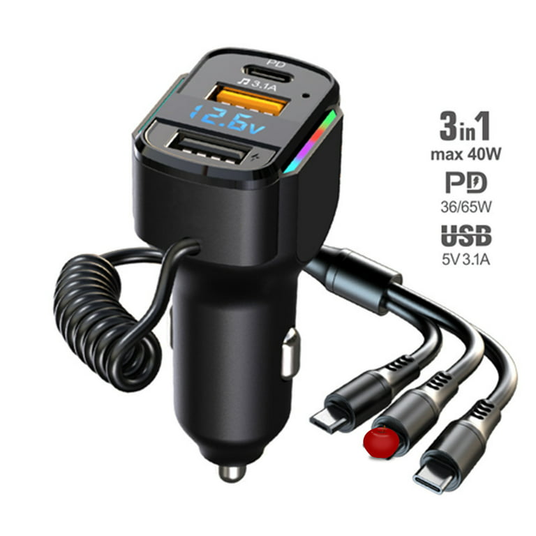 65W Fast Car Charger PD+ QC3.0 Super Charge Car USB C Quick Biut-in 3 in 1 Fast Charging Cable for iPhone Huawei Samsung - Walmart.com