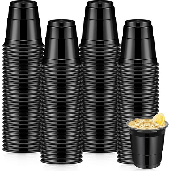 100 Pcs Halloween 2 oz Plastic Shot Glasses Mini Disposable Shot Cups Small Plastic Neon Cups for Birthday Party Summer Beer Taste Serving Snacks Samples Tastings(Black, Gold)