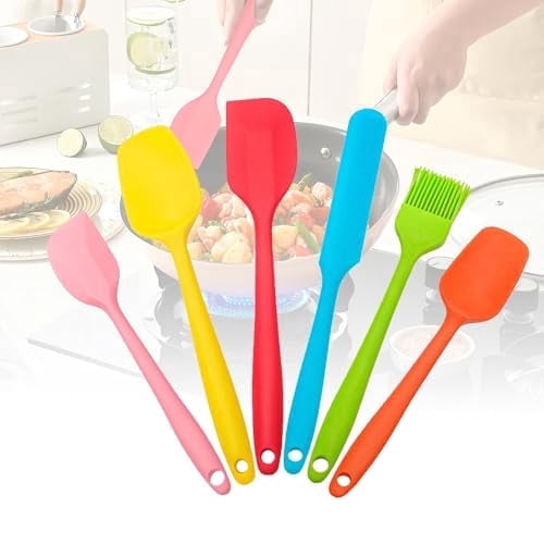 6 Pack Silicone Spatula Set Food Grade Kitchen Utensils with Silicone Brush Heat Resistant BPA-Free Rubber Kitchen Spatula for Scraping,Bake,Cook,Mix,Pancake,Jar,Dishwasher Safe,Nonstick,Multi-Colors