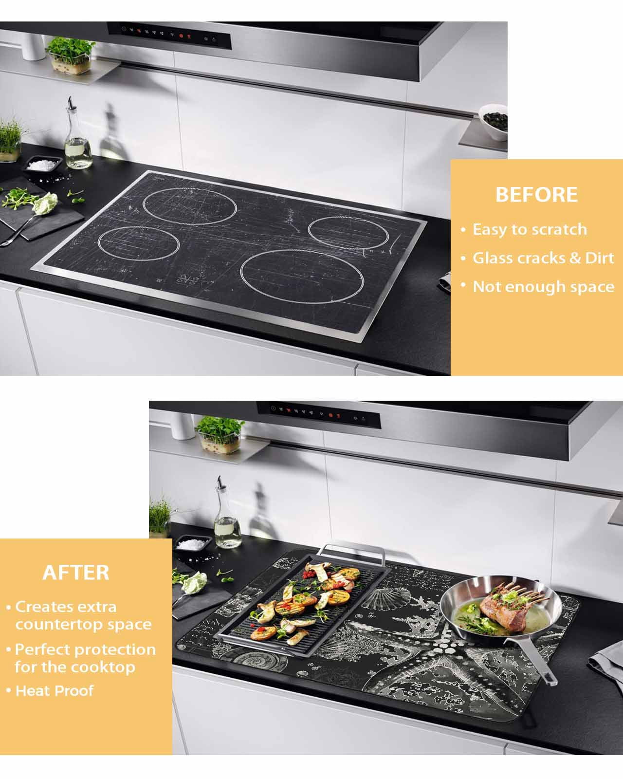 nqOlkjepod Large Induction Cooktop Protector Mat 24"x21", Black Coastal Starfish Stove Top Covers for Electric Stove, Vintage Coral Seahorse Shell Stove Burner Cover Mats, Glass Top Stove Cover