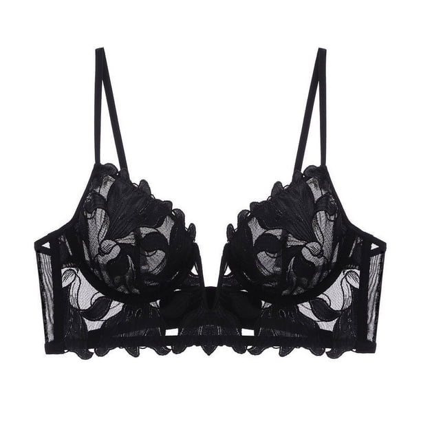 Ropa interior de encaje bordado con escote en V profundo sexy europeo y americano para mujer, sujetador de traje con fruncido pequeño y pecho grande ultrafino