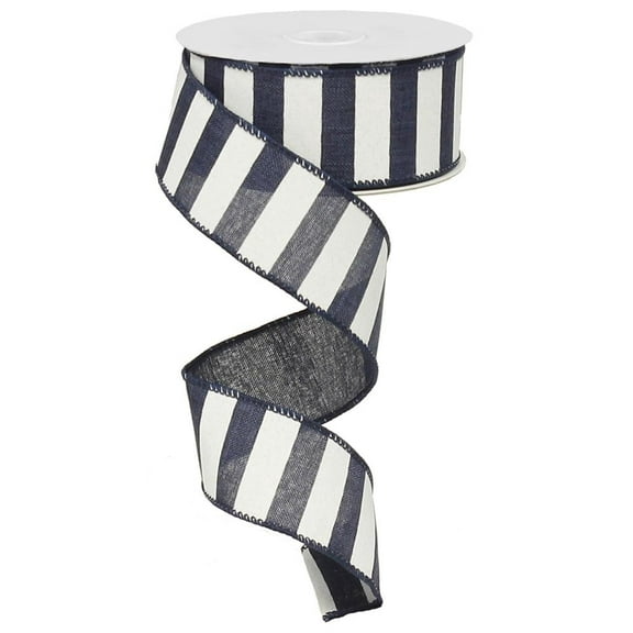 Navy Blue White Horizontal Striped Fabric Burlap Wired Ribbon (1.5 Inches x 10 Yards)RX9148TR