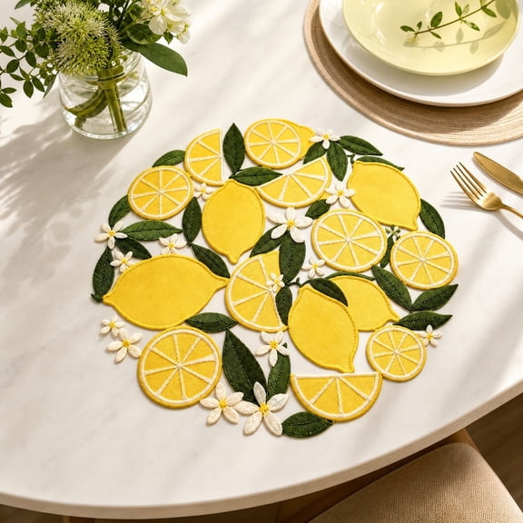 Lemon Embroidered Insulated Placemat, Round Non Slip Table Mat, Heat Resistant Decorative Placemat for Dining and Kitchen Decor