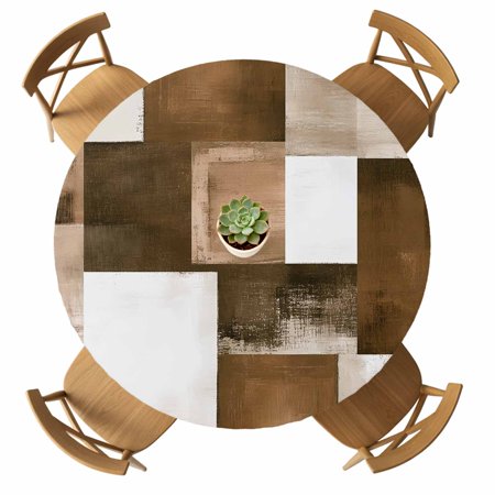 Round Fitted Tablecloth with Elastic Brown Plaid Tablecloths Waterproof Oil Proof Abstract Art Color Block Table Cover for Kitchen Dinner Holiday Party Picnic Fits Tables up to 36 - 44 Diameter