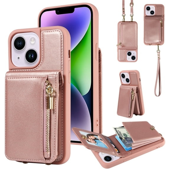 Dteck for iPhone 15 Case with RFID Blocking Card Holder, iPhone 15 Crossbody Wallet Case Shockproof Purse PU Leather Protective Back Cover,Rosegold