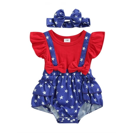 

Emmababy Independence Day Star Print Fly Sleeves Romper and Headdress Set for Girls