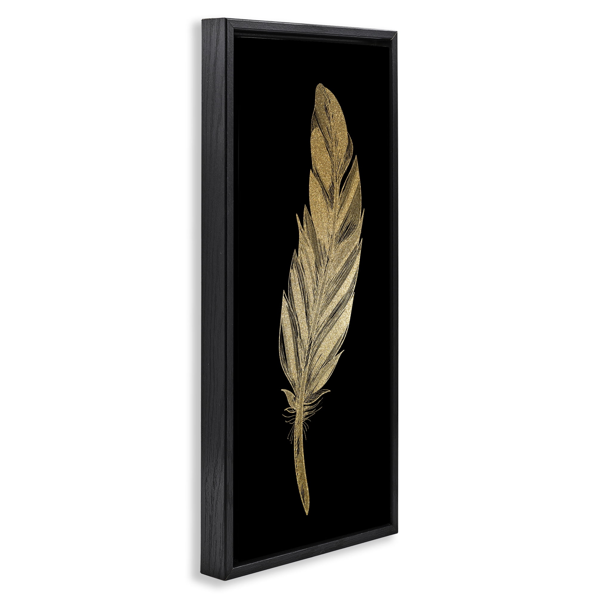Glam Feather Black & Gold Black Framed Floater Canvas Wall Art, design by Kim Allen