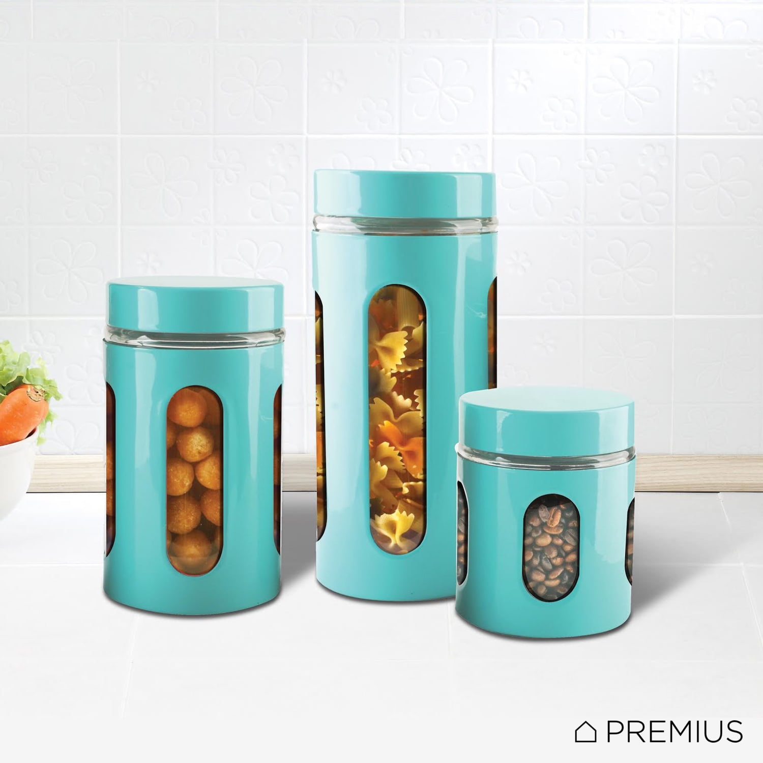 Premius Airtight 3Piece Kitchen Glass Canister Set, Turquoise Blue
