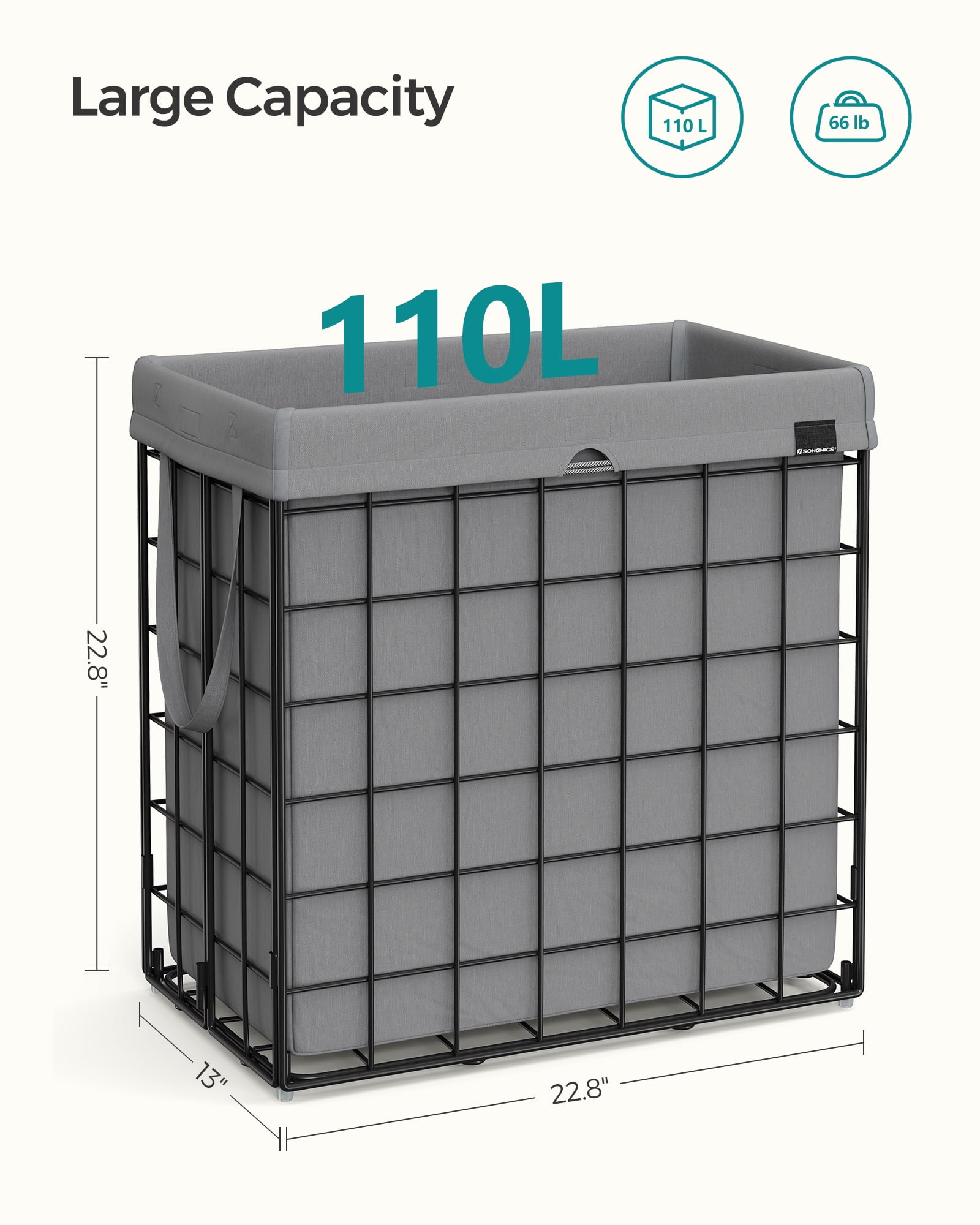 SONGMICS 29 Gal. (110L) Laundry Basket, Laundry Hamper, Collapsible Clothes Hamper, Removable and Washable Liner, Metal Wire Frame, for Bedroom Bathroom, Black and Gray