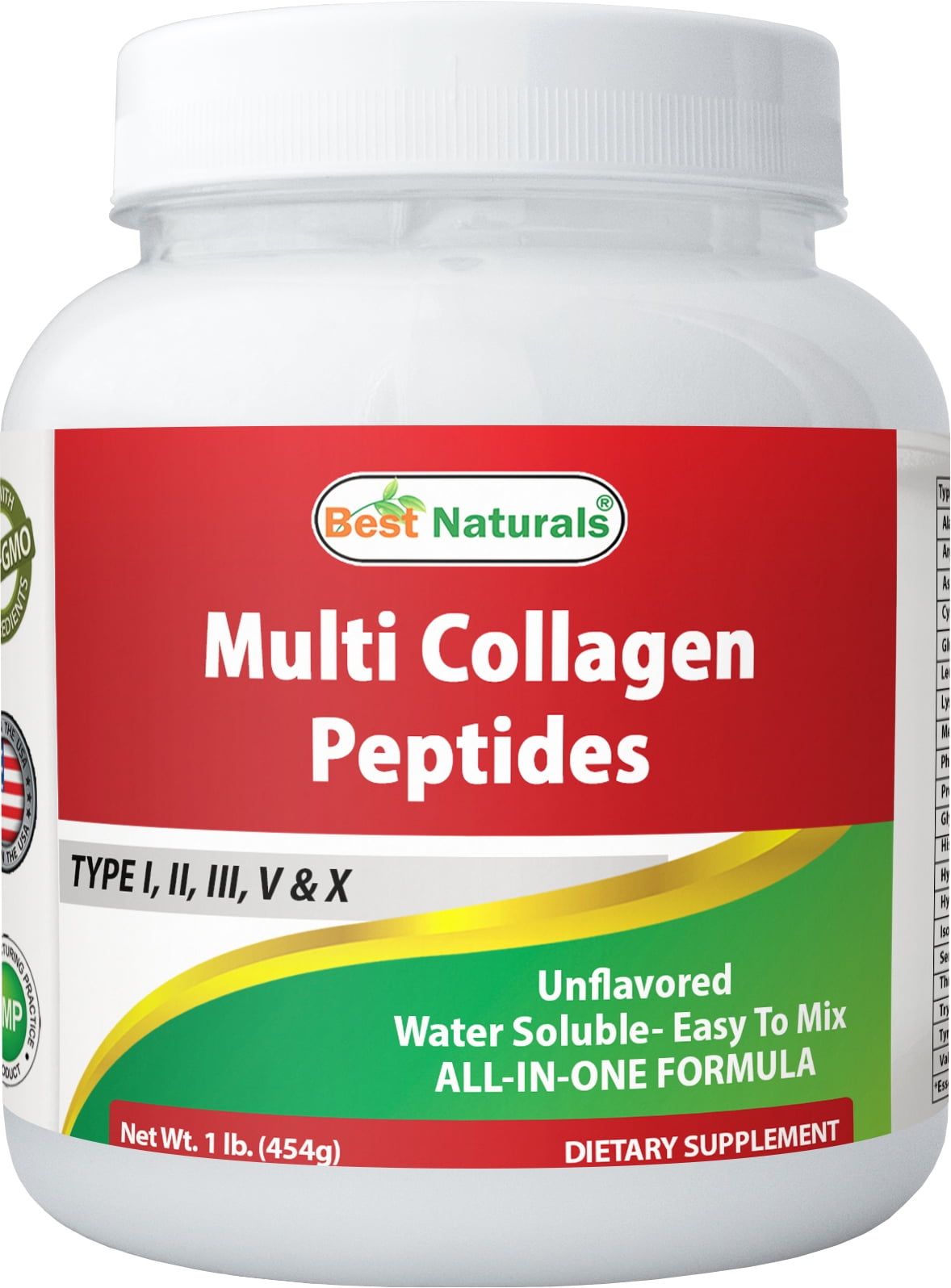 Best Naturals Multiple Collagen Peptides Protein Type I, II III, V & X Collagen unflavored 1 Pound - Grass Fed & Pasture Raised - Water Soluble - Easy to Mix