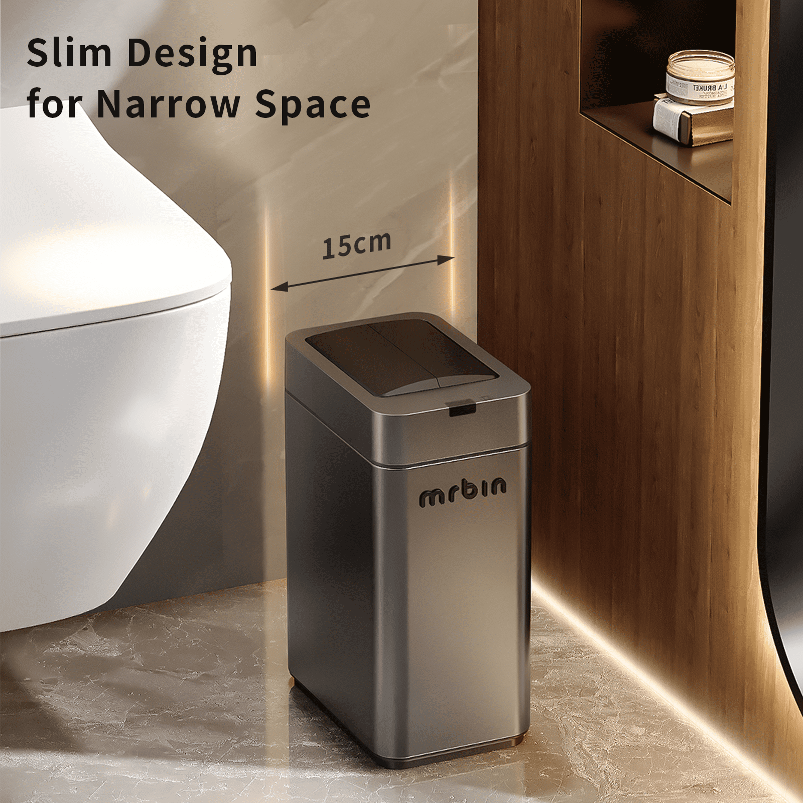 MRBIN Slim 2.4 Gal Bathroom Trash Can with Lid – Small Stainless Steel Touchless Motion-Sensor Waste Basket for Office, Bedroom, Kitchen, RV, Quiet Close, Dog-Proof, Space-Saving Narrow Garbage Can