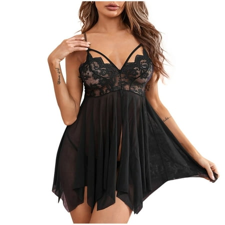 

Lirclo Lingerie for Sexy Underwear Front Slit V-neck Wrong Hem Lace Pajamas Two Piece Set Women s Negligees Lace Babydoll Sleepwear Outfits Black XL