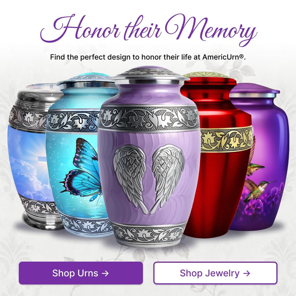 Set of 6 Cremation Urns for Human Ashes Includes 1 Large Urn with 4 Small Keepsakes & 1 Silver Necklace - Purple Angel Wings
