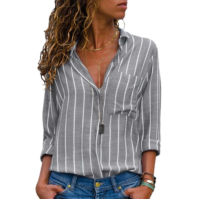 Camisa casual de rayas de manga larga para mujer Camisa de manga larga con cuello en V