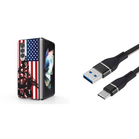 Accessory Bundle for Galaxy Z Fold 4: Slim Snap-On Case (American Flag Soldier), Nylon Braided USB-C to USB-A Cable (3 Feet)