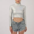 thumbnail image 2 of UYISJ Women's Shiny Metallic Liquid Crop Top Long Sleeve Mock Neck Turtleneck Slim Fitted Crop Top Clubwear Going out Shirts Gray S, 2 of 7