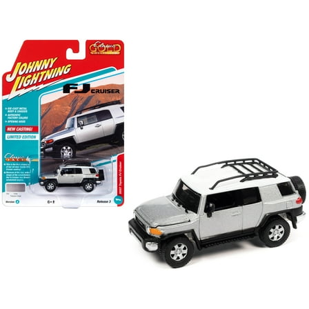 2007 Toyota FJ Cruiser Titanium Silver Metallic with White Top and Roofrack LTd Ed 1/64 Diecast Model Car by Johnny Lightning