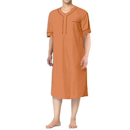 

Men Loose Nightgown Solid Color Henley Short Sleeve Nightshirt Kaftan Arabic Thobe with Pockets Sleepwear Loungewear