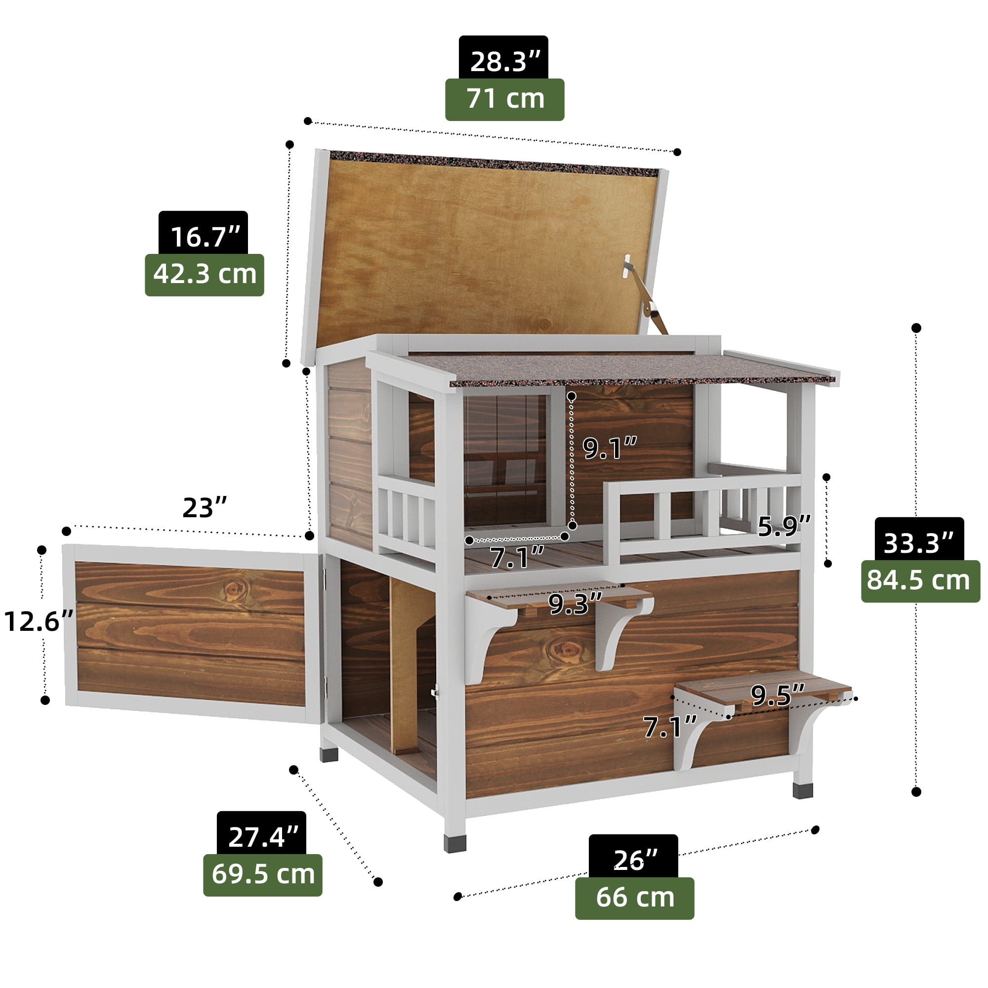 Uforic Two Story Outdoor Cat House, Cat Shelter Weatherproof Wooden Cat House with Balcony - Brown